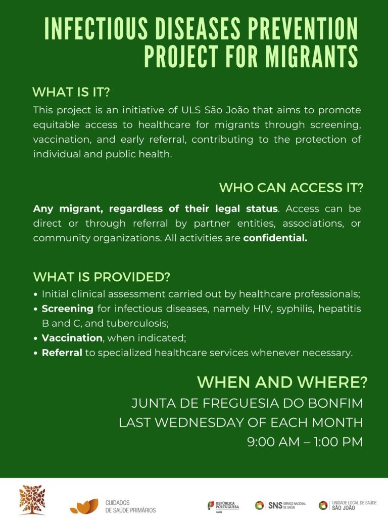 Cartaz informativo sobre projeto de saúde para migrantes com rastreios e vacinação, indicando local na Junta de Freguesia do Bonfim e horário mensal de atendimento.