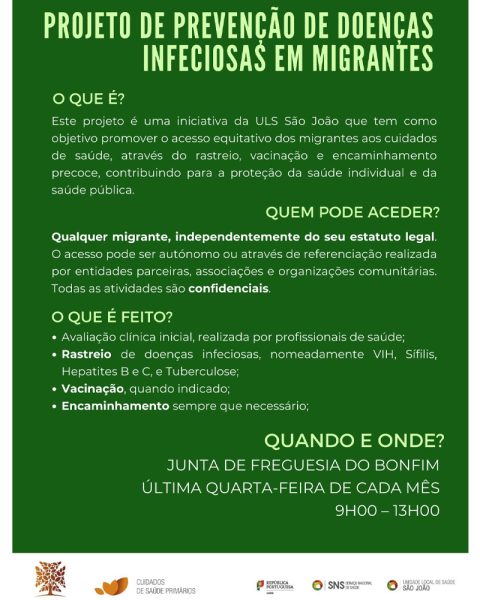Cartaz informativo sobre projeto de saúde para migrantes com rastreios e vacinação, indicando local na Junta de Freguesia do Bonfim e horário mensal de atendimento.