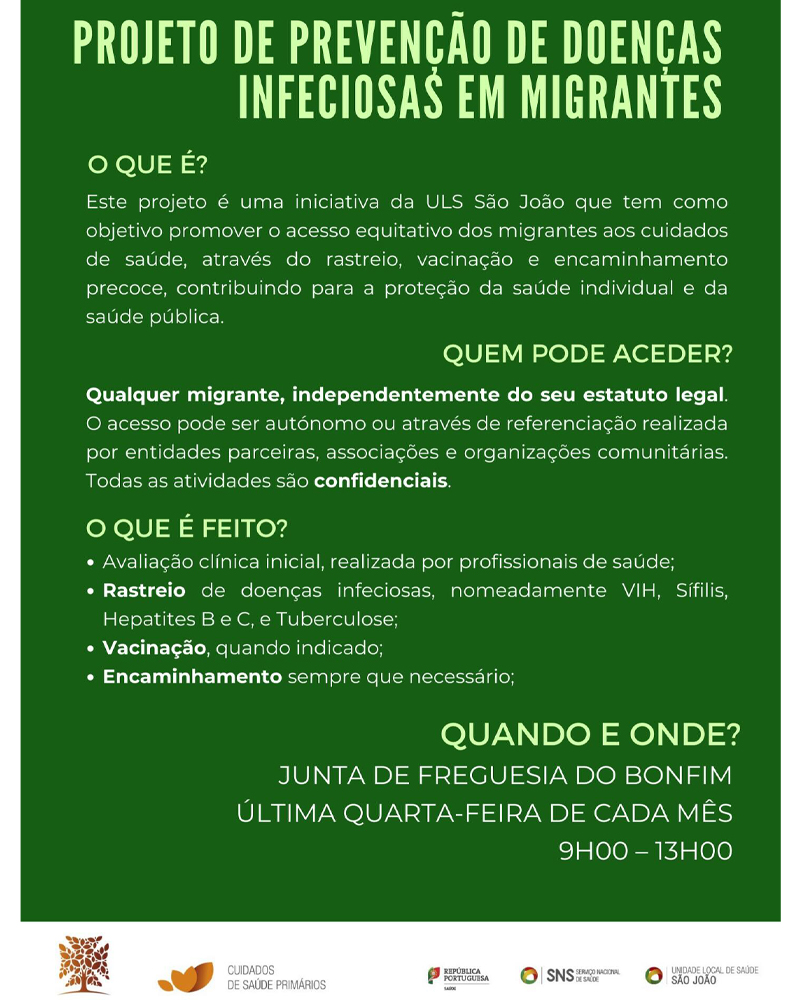 Cartaz informativo sobre projeto de saúde para migrantes com rastreios e vacinação, indicando local na Junta de Freguesia do Bonfim e horário mensal de atendimento.
