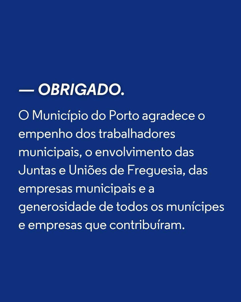 Cartaz com fundo azul e mensagem de agradecimento do Município do Porto pelo empenho de trabalhadores, juntas de freguesia, empresas e cidadãos nas ações solidárias.
