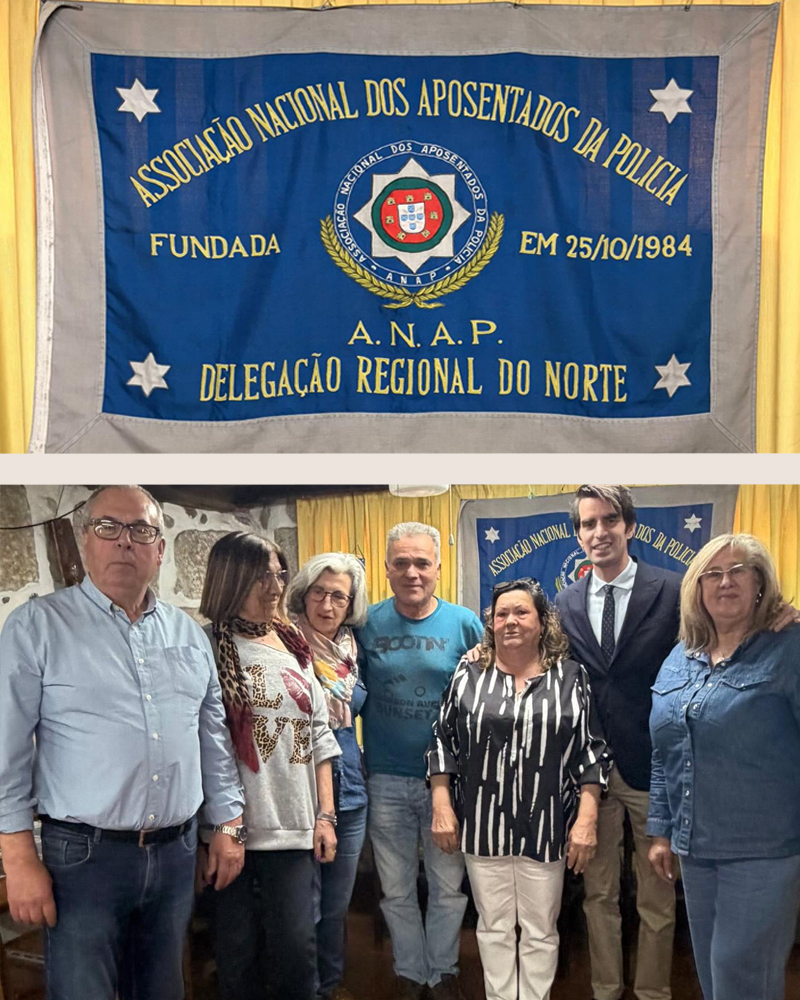 Imagem da visita da Junta de Freguesia do Bonfim à sede da Associação Nacional dos Aposentados da Polícia, com destaque para as instalações, área recreativa e encontro institucional.