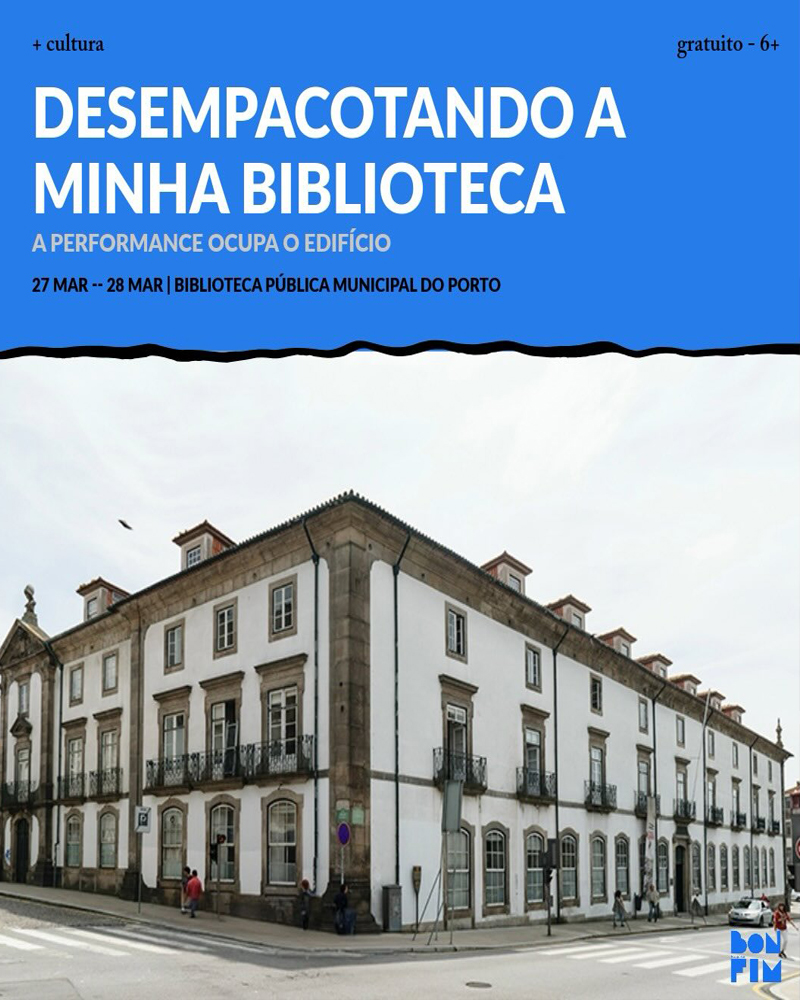 Cartaz ou imagem da iniciativa “Desempacotando a Minha Biblioteca”, a decorrer na Biblioteca Pública Municipal, integrada no Dia Nacional dos Centros Históricos, com informação de horário e inscrição obrigatória.