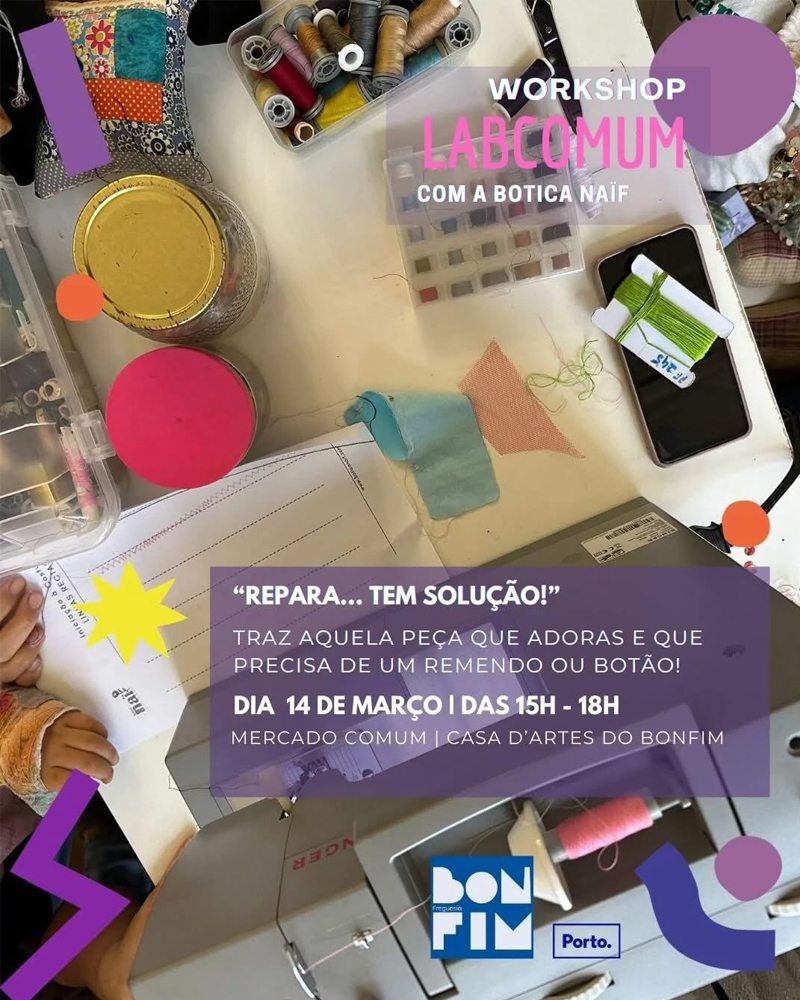 Cartaz do evento Mercado Comum – Circular Economy Market nas Antas, com várias atividades de troca, reutilização e workshops realizados na Casa das Artes do Bonfim.