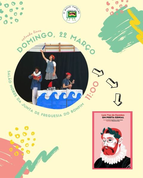 Espetáculo “Olhó Olho do Camões” no Salão Nobre da Junta de Freguesia do Bonfim, com atuação divertida e público familiar.