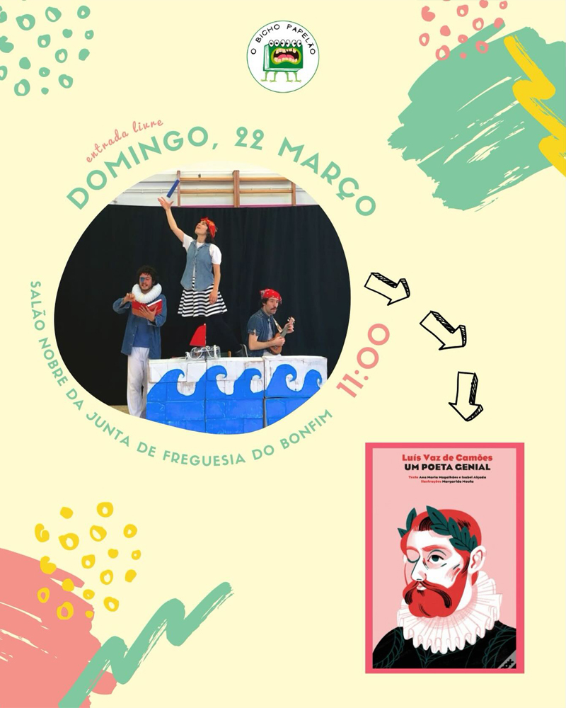 Espetáculo “Olhó Olho do Camões” no Salão Nobre da Junta de Freguesia do Bonfim, com atuação divertida e público familiar.