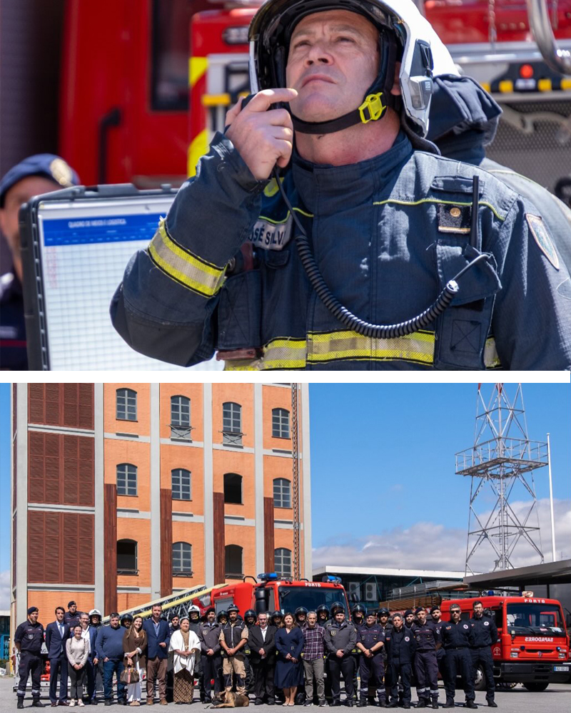 Sessão nas instalações do Regimento de Sapadores Bombeiros do Porto com autarcas locais a assistir a demonstrações operacionais e apresentações institucionais sobre proteção civil.
