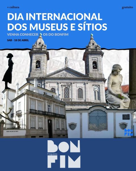Imagem ilustrativa de um roteiro pedonal no Bonfim, com vários pontos de interesse histórico e cultural, incluindo igreja, museus, parque verde e miradouro com vista para o rio Douro.