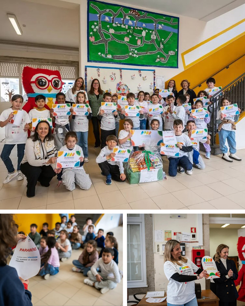Alunos do 3.º ano da Escola Básica do Campo 24 de Agosto celebram a vitória nas Olimpíadas de Educação Financeira, acompanhados por professores e representantes institucionais.