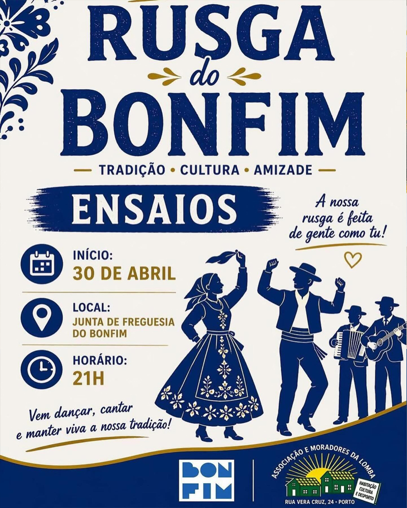 Grupo de moradores do Bonfim em ensaio de rusga de São João, com trajes típicos, música e ambiente festivo nas instalações da Junta de Freguesia.