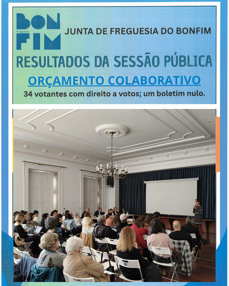 Participantes reunidos no Salão Nobre durante a sessão pública de apresentação dos resultados do Orçamento Colaborativo 2026 da Junta de Freguesia.
