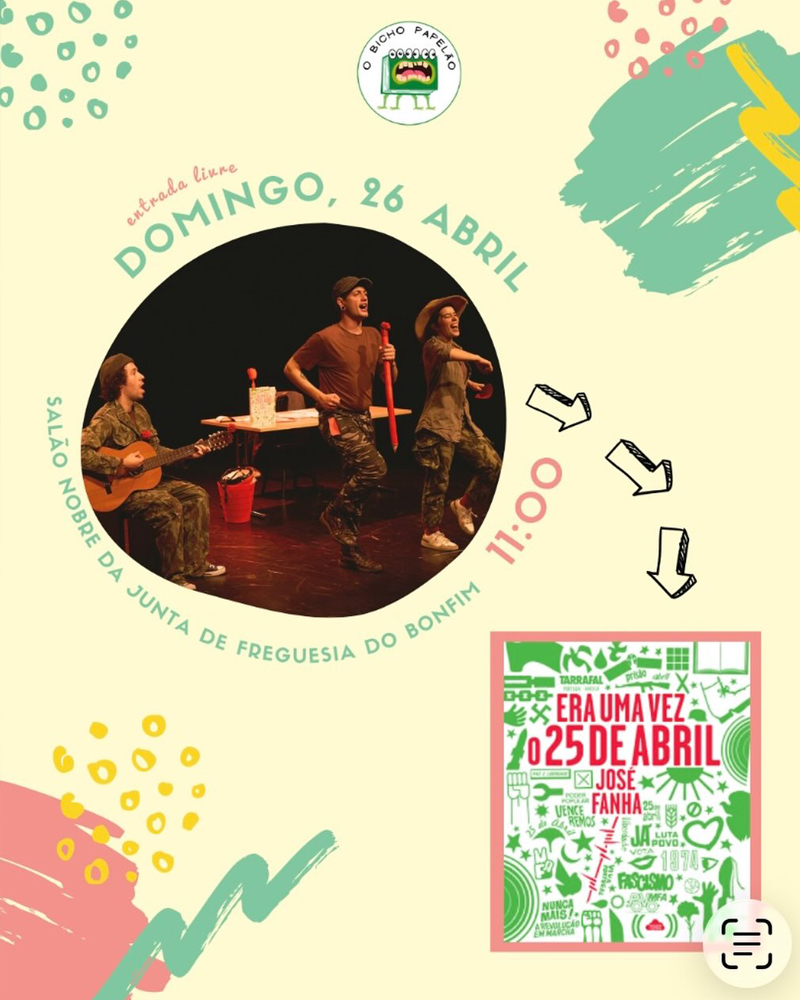 Espetáculo infantil do Bicho Papelão no Salão Nobre do Bonfim, com encenação divertida sobre o 25 de Abril, incluindo música, cravos e personagens em ambiente escolar.