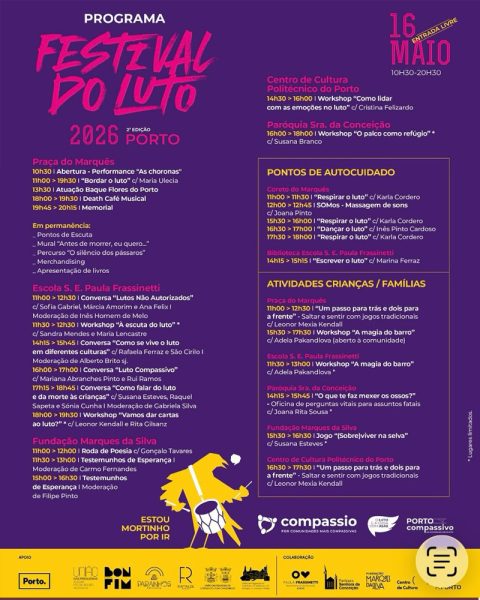 Cartaz da 2.ª edição do Festival do Luto, que decorre na zona do Marquês, no Porto, com programação dedicada à reflexão, partilha e apoio comunitário.