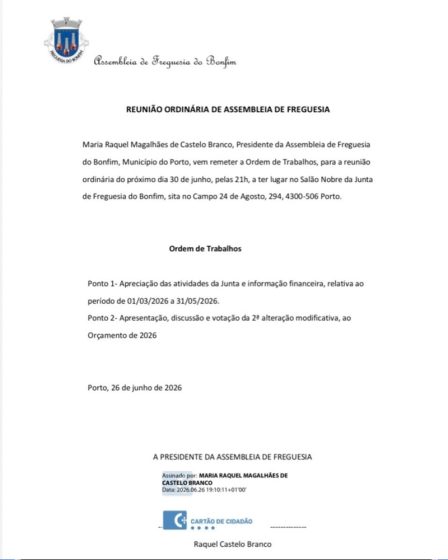 Assembleia de Freguesia, esta terça-feira, no salão nobre da Junta, às 21h.