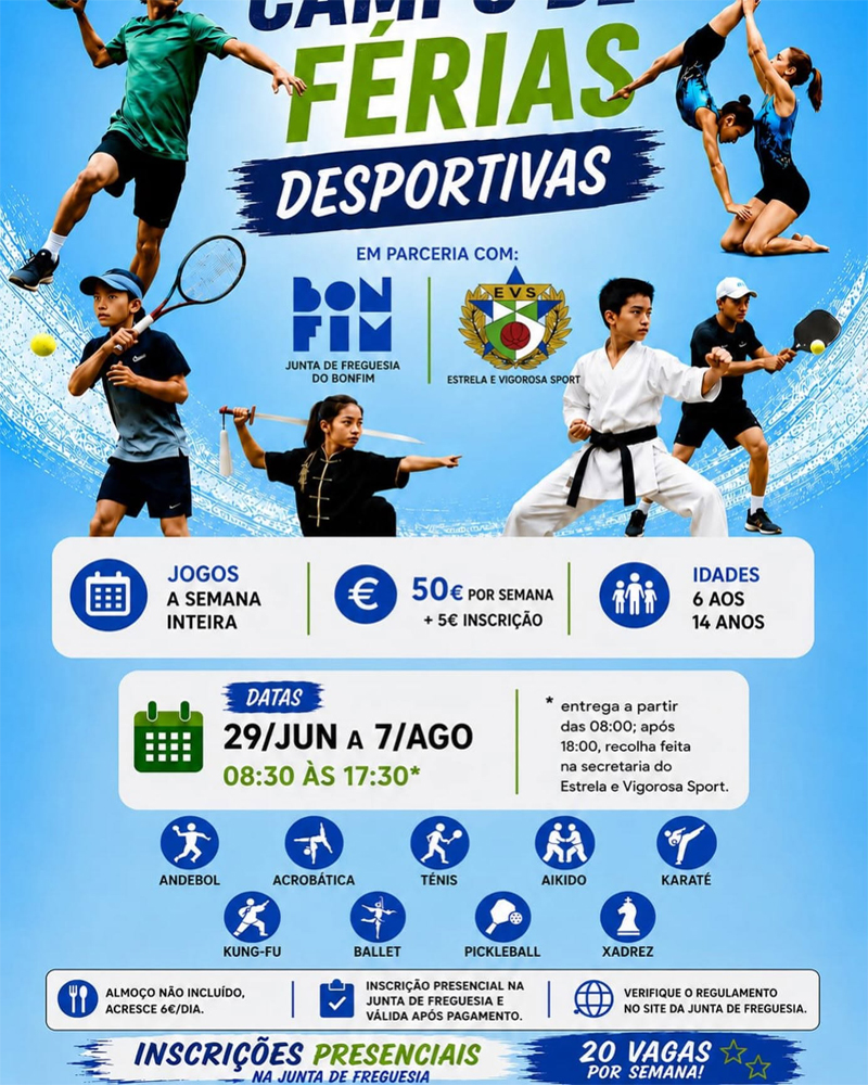 Cartaz do Campo de Férias Desportivas do Bonfim 2026, promovido pela Junta de Freguesia do Bonfim em parceria com o Estrela e Vigorosa Sport, destinado a crianças e jovens dos 6 aos 14 anos, com atividades desportivas e formativas durante o verão.