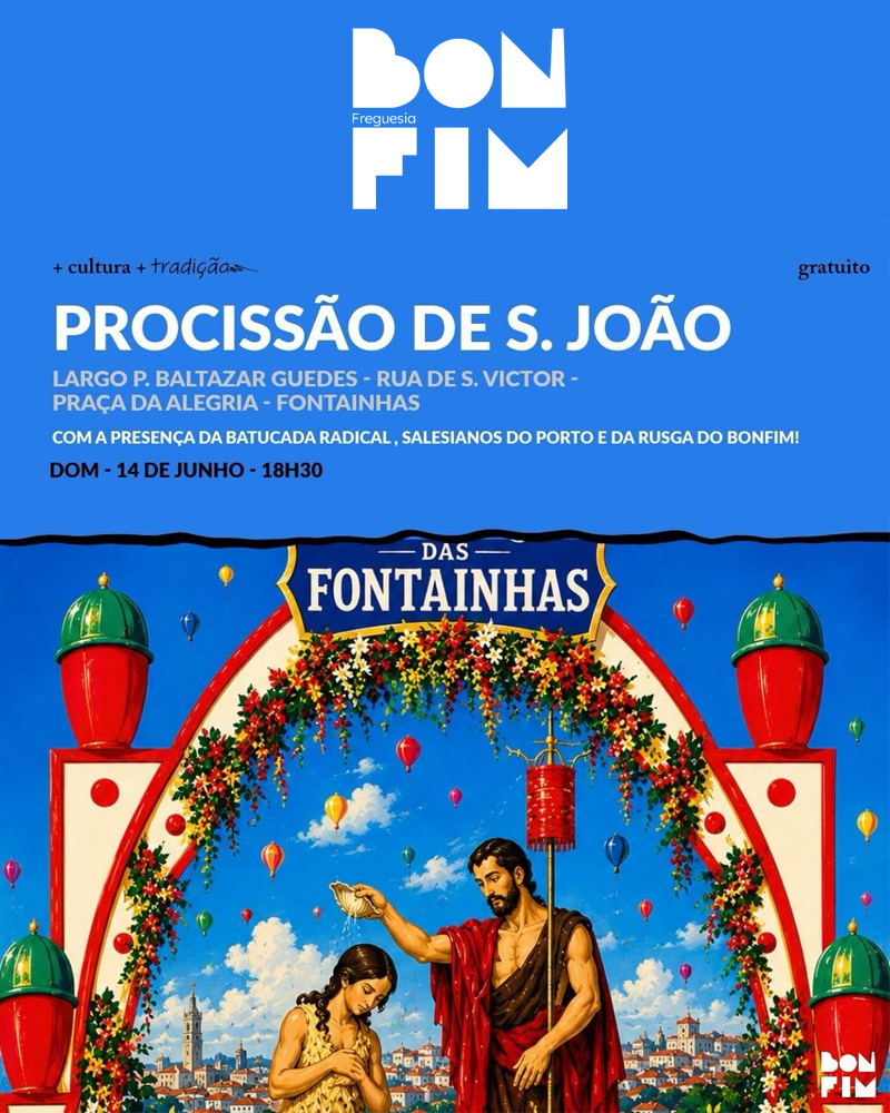 Procissão de São João Batista a percorrer as ruas do Bonfim com o andor ornamentado, acompanhada por alunos dos Salesianos, grupos tradicionais e população, culminando nas Fontainhas durante as Festas de São João do Porto.