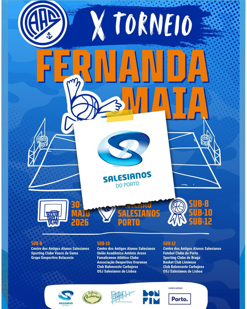 Jovens atletas participam no Torneio Fernanda Maia no Pavilhão dos Salesianos, disputando jogos de minibasquete e desfrutando de atividades recreativas num ambiente de convívio e diversão.