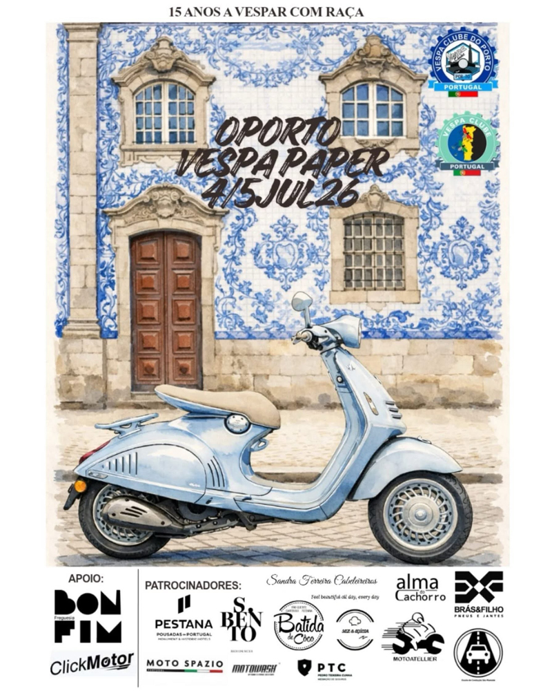Participantes do OPorto Vespa Paper em Vespas pelas ruas do Porto, seguindo pistas da “Rota dos Azulejos” e explorando locais históricos e emblemáticos da cidade durante a celebração dos 15 anos do Vespa Clube do Porto.