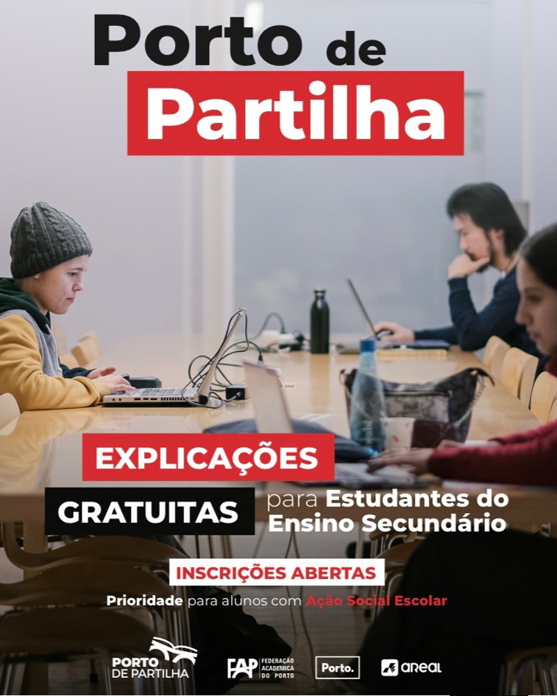 Cartaz informativo sobre o projeto Porto de Partilha: iniciativa de explicações gratuitas para estudantes do ensino secundário, apoiada pela Junta de Freguesia, Federação Académica do Porto e Câmara Municipal do Porto.