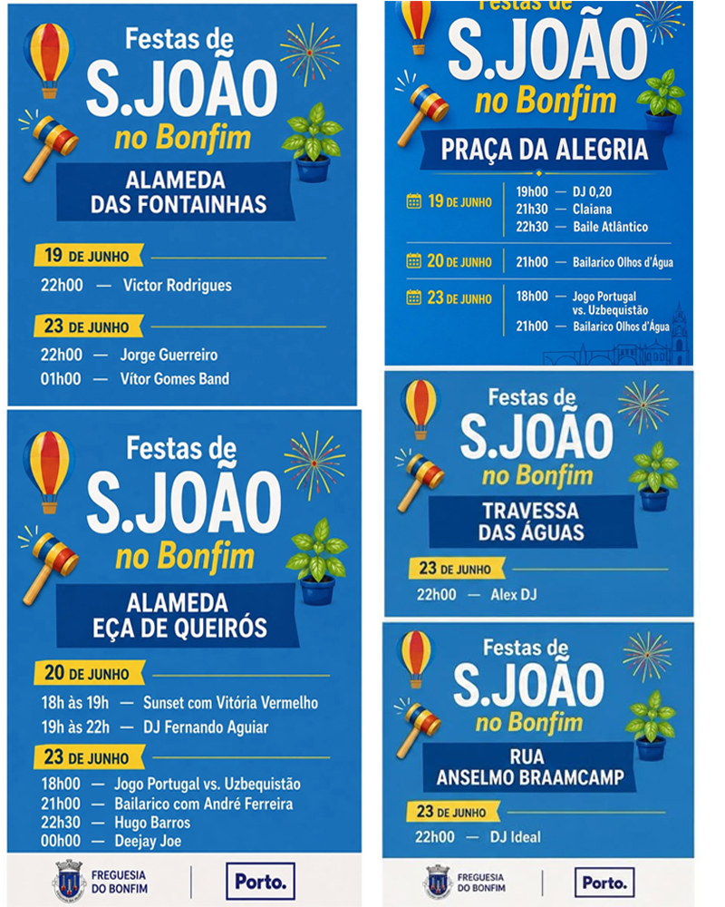 Cartaz sobre as festas de S. João no Bonfim, com referência a programas oficiais apoiados pela Junta de Freguesia em várias zonas da freguesia.