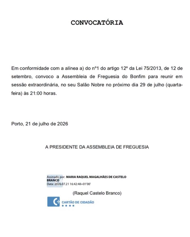 Imagem de divulgação da Sessão Extraordinária da Assembleia de Freguesia do Bonfim, agendada para quarta-feira, 29 de julho, às 21h00. O destaque informa que a reunião será transmitida online, reforçando o compromisso da Junta de Freguesia com a transparência e a participação dos cidadãos.