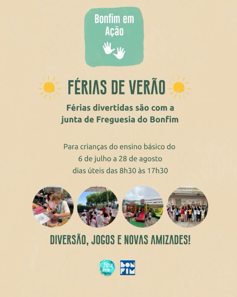 Cartaz das Férias de Verão 2026 do programa "Bonfim em Ação", com informação sobre as inscrições, local de realização na Escola Básica da Lomba, data de abertura das inscrições, contacto por e-mail e valor da inscrição semanal.