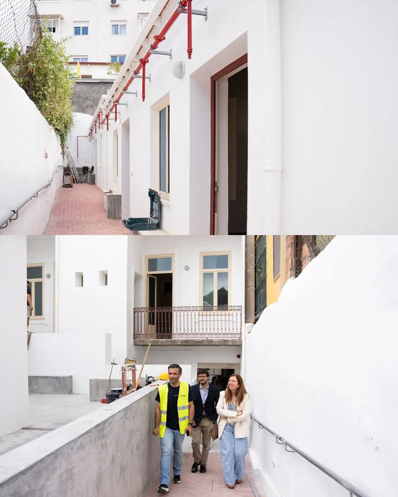 Fotografia das habitações reabilitadas na Ilha de São Vítor, no Porto. A imagem mostra edifícios renovados após a intervenção de reabilitação, que melhorou as condições de habitabilidade e preservou o património existente. A obra integrou um projeto que recuperou 12 habitações, reforçando a oferta de habitação acessível na cidade.
