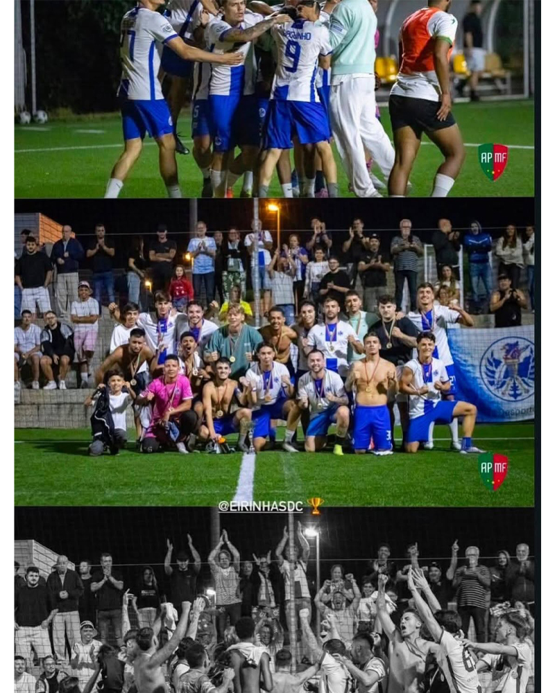 Equipa do Eirinhas Desporto e Cultura celebra a conquista da Liga de Verão Semanal de Mini Futebol após vencer o Fúria Brasil por 2-1 na final.