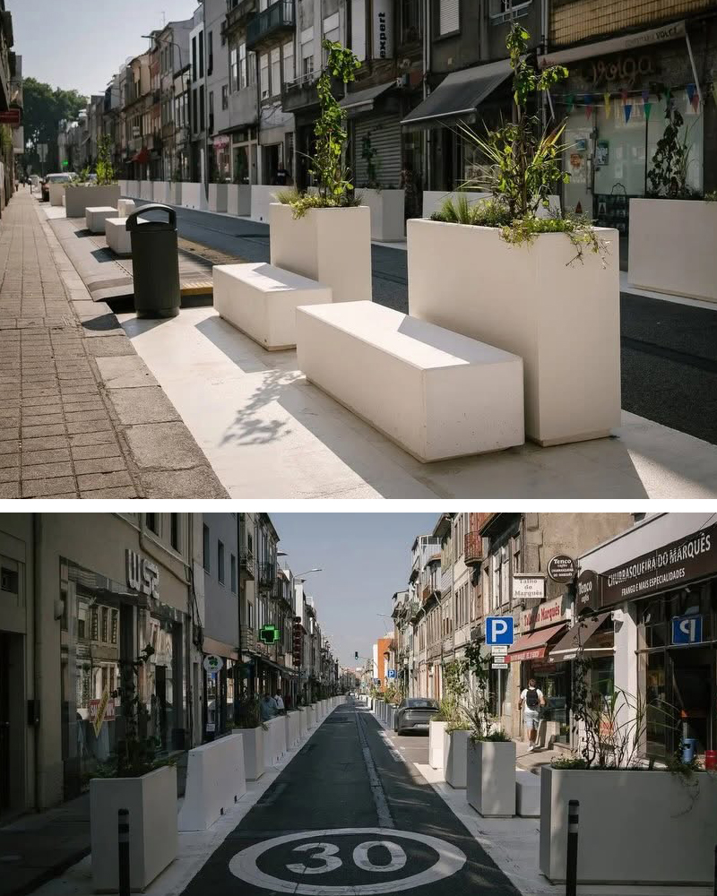 Rua de Costa Cabral, no Porto, com bancos, floreiras e barreiras de controlo de velocidade ao longo da via, no âmbito do projeto de remodelação e valorização do espaço público.