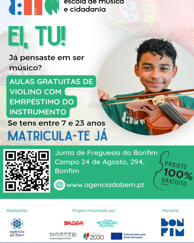 Iniciativa de experimentação musical para novos músicos, com prioridade para candidatos do 1.º e 2.º escalões e o apoio da Junta de Freguesia do Bonfim.