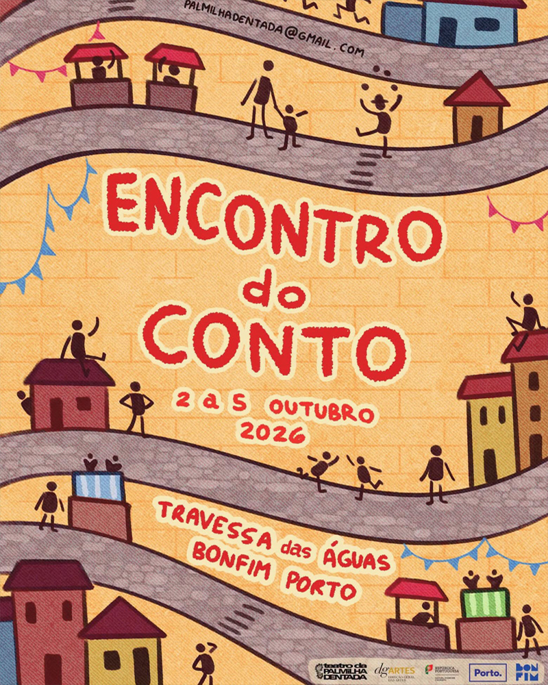 Cartaz e programa do Encontro do Conto 2026, no Bonfim, com espetáculos de teatro, contadores de histórias, marionetas, poesia e atividades para a infância, nos dias 4, 5 e 6 de outubro.