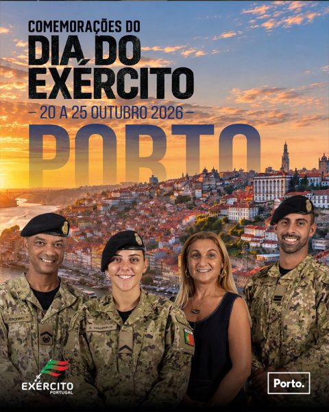 Divulgação da Expo Exército 2026, iniciativa que dá a conhecer o Exército à população do Porto, com atividades abertas ao público, exposição militar no Largo do Amor de Perdição e desfile militar na Avenida dos Aliados.