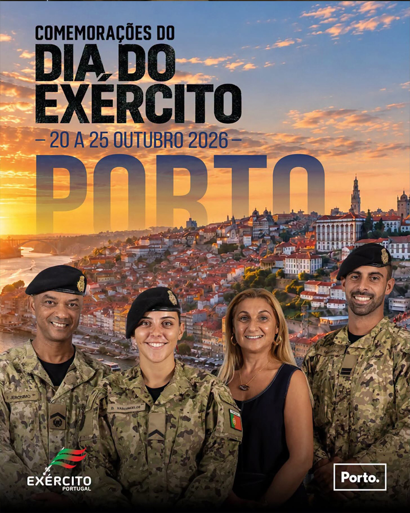 Divulgação da Expo Exército 2026, iniciativa que dá a conhecer o Exército à população do Porto, com atividades abertas ao público, exposição militar no Largo do Amor de Perdição e desfile militar na Avenida dos Aliados.